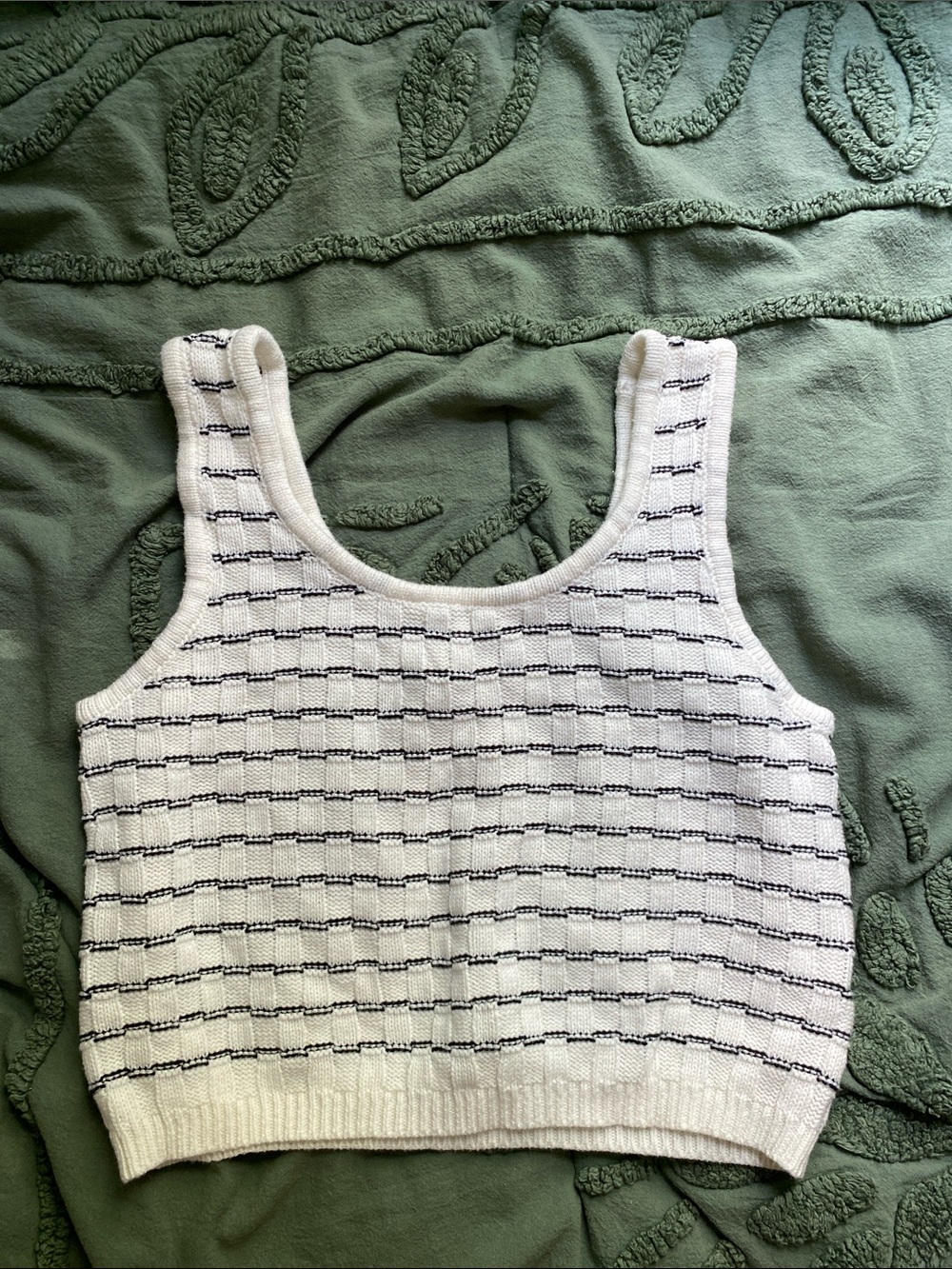 Women’s White Knit Tank Top with Black Stripe Detail